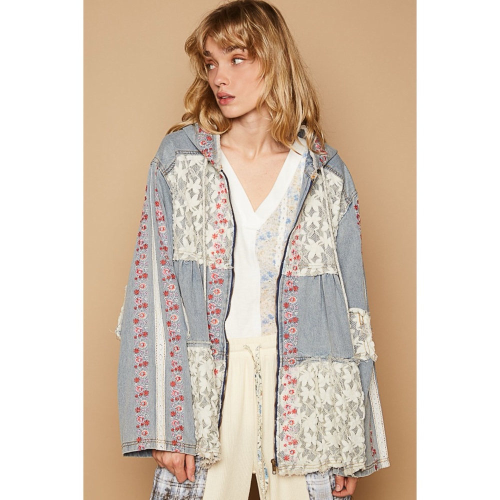 POL Denim Patchwork Floral Embroidered Tiered Hoodie - Picture 5 of 7